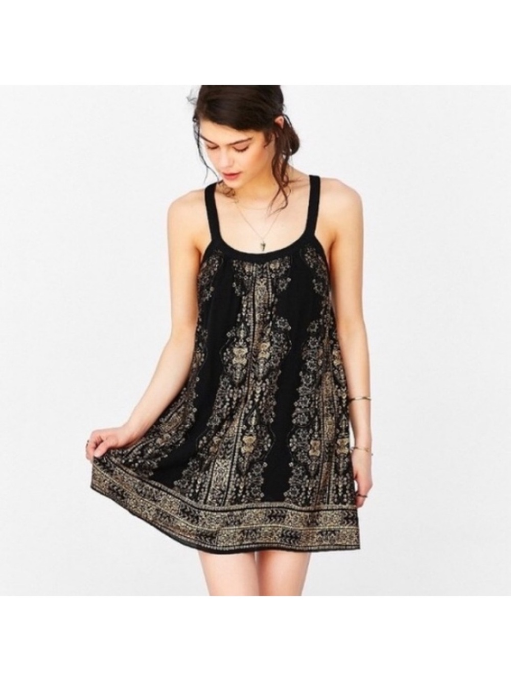 Ecote Urban Outfitters Black and Gold Printed Sleeveless Summer tunic Dress XS